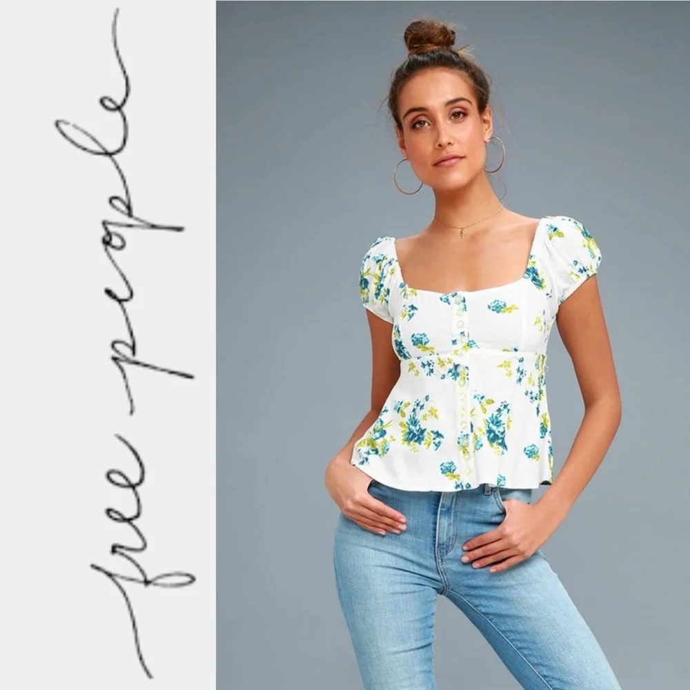 Free People Close to You Ivory Floral Print Top - Picture 1 of 8